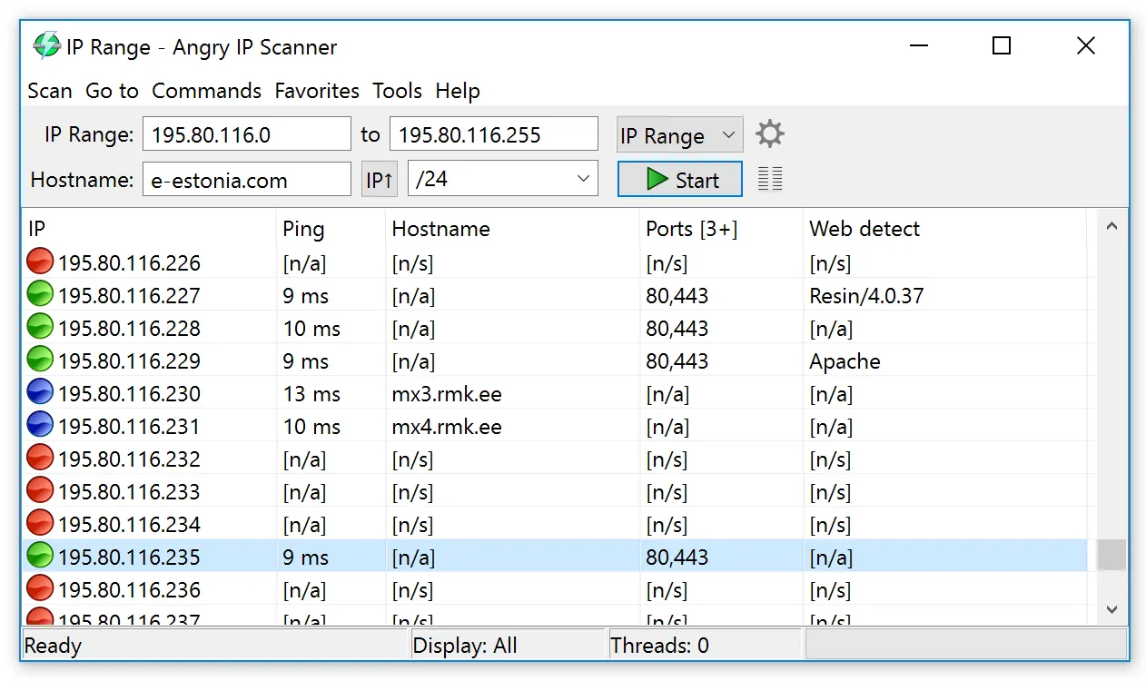 Angry IP Scanner: scan results list