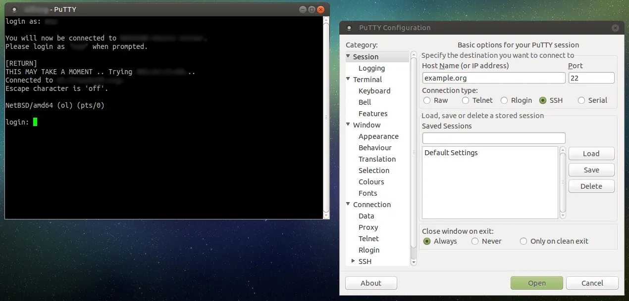 PuTTY: terminal session and configuration dialog (Linux build)