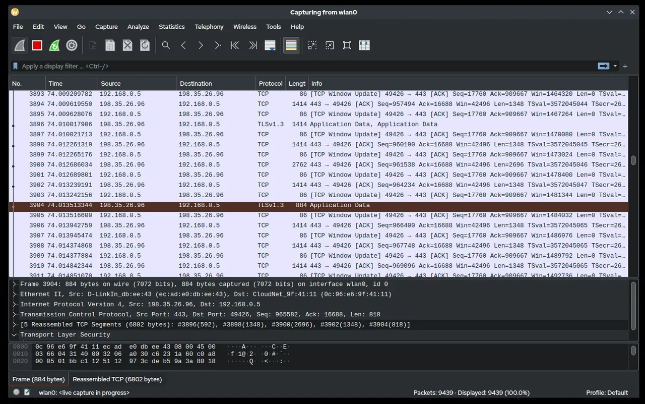Wireshark: packet list, details and bytes panes